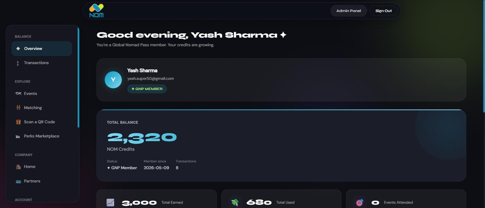 Dashboard overview showing NOM Credits balance